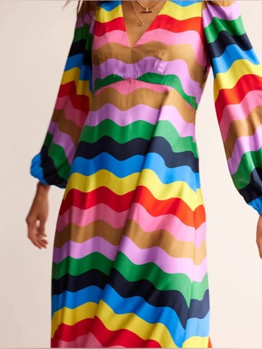 Boden Francis empire long sleeve v neck maxi tea dress rainbow striped 8R nwt